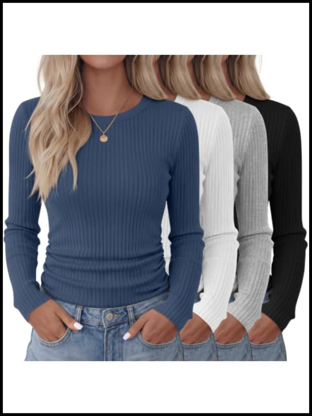 4 Pack Women's Ribbed Long Sleeve Crew Neck Ruching Slim Fit Tops
